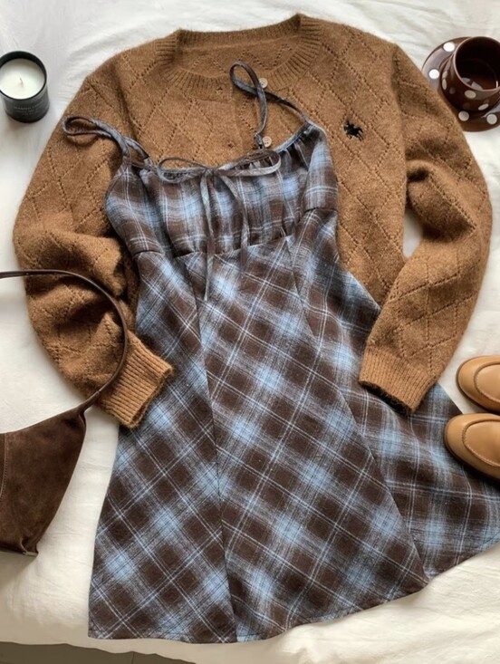 Dresses & Skirts - Women'S Brown Blue Plaid Spaghetti Strap Mini Dress, Bow Detail And A-Line Fit